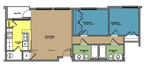 Floor plan for 2 beds, 2 baths, 963 sqft